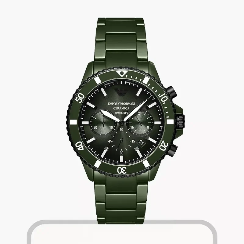 Emporio Armani World Explorer Green Dial Ceramic Men's Watch- AR70011